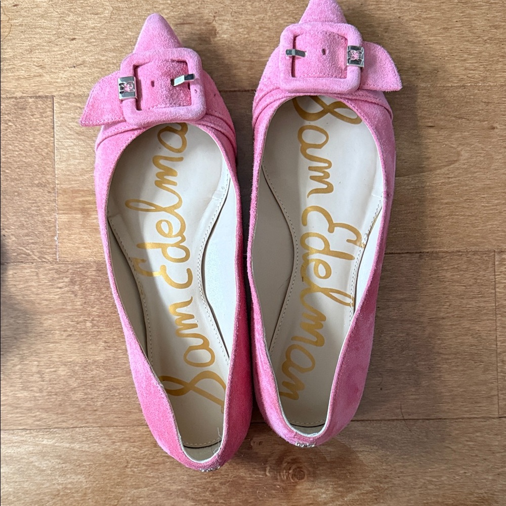 Sam Edelman Pink Suede Pointed-Toe Flats with Buckle Accent